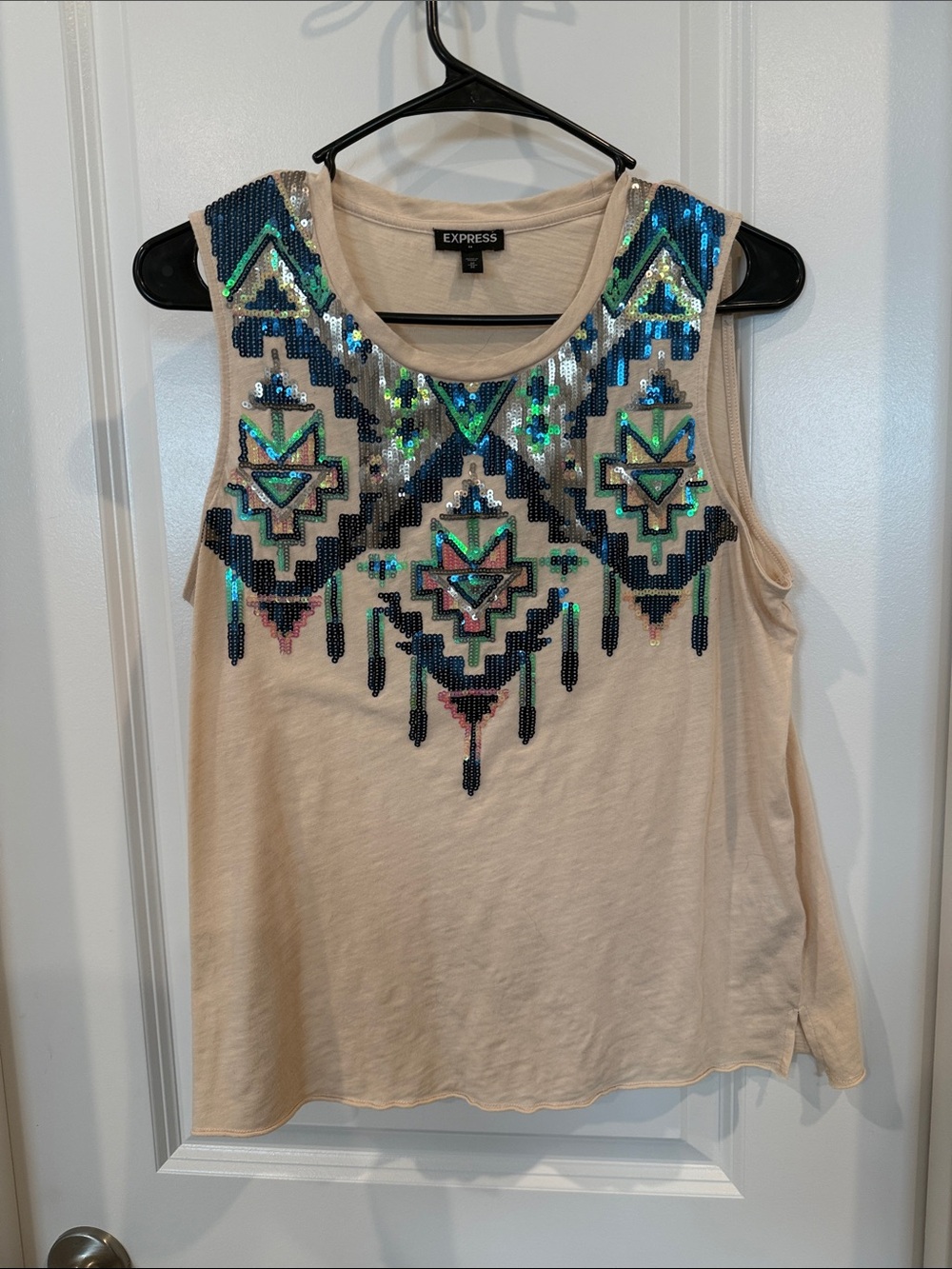 Express Beige Tank Top with Blue and Green Sequin Geometric Embellishment